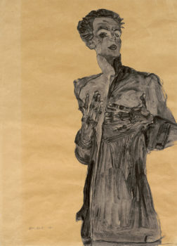 Egon SchieIe, "Self-Portrait in Street Clothes, Gesturing," 1910, watercolor and pencil on brown paper. Private collection, courtesy Galerie St. Etienne.
